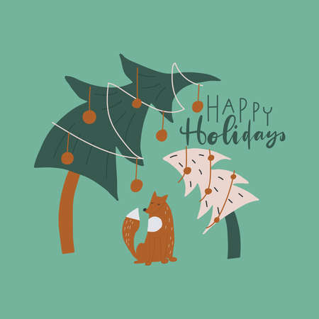 Decorated Christmas trees, fox, lettering quote Happy Holidayのイラスト素材
