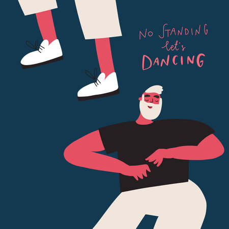 Vector funny cartoon character dancing person, handwritten quote