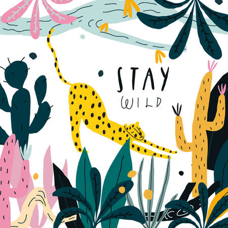 Vector doodle style leopard surrounded with exotic plants, jungle leavesのイラスト素材
