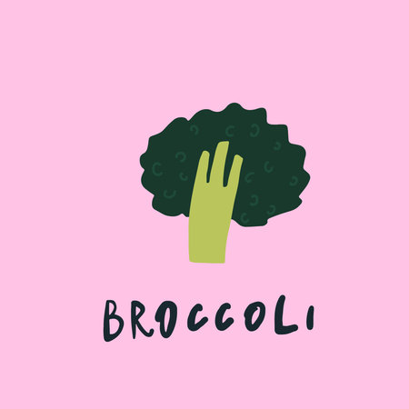 Vector simplified broccoli drawing, handwritten wordのイラスト素材