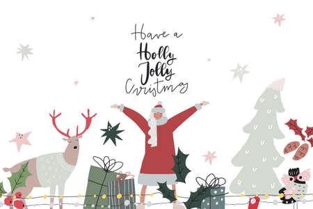 Vector Christmas cartoon character hand drawn postcard card templateのイラスト素材