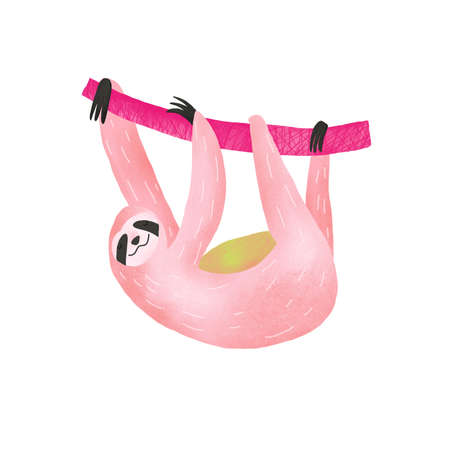 Sloth on branch textured image. Cartoon character drawingの写真素材