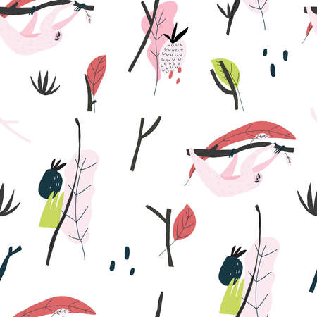 Vector print. Sloth, plants, leaves, snags seamless patternのイラスト素材