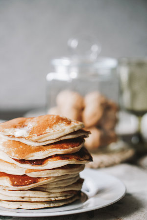 Hot homemade stack of pancakes on plate. Brunch timeの写真素材
