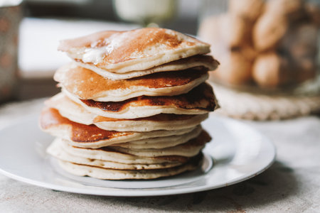 Homemade stack of pancakes on plateの写真素材