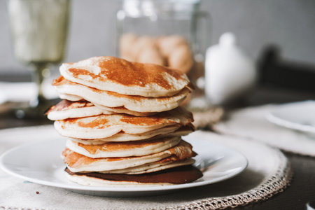 Homemade stack of pancakes on plate. Brunch timeの写真素材