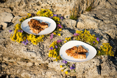 Cooked white meat lying on white plates, surrounded by flowers o