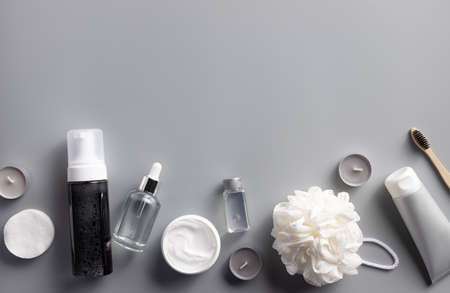 Spa background with Bath Accessories, Face and Body care on a gray background with copy space.の写真素材