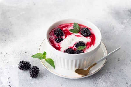 Greek yogurt with natural blackberry sauce in a white bowlの写真素材