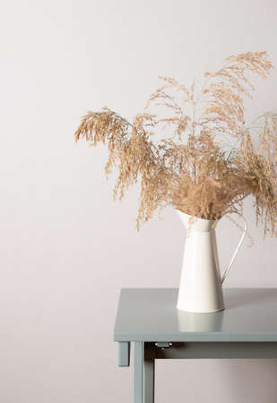 Pampas grass in vase on a coffee table against a gray wall.の写真素材