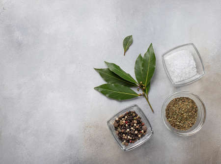 Set of pepper, herbs, salt and laurel. ingredients for cooking. gray background, top view, copy spaceの写真素材
