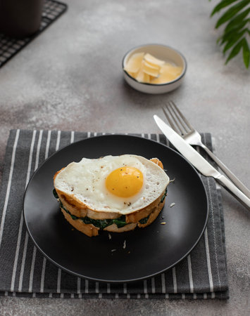 delicious breakfast sandwich with fried egg, spinach and cheese on a dark plate. close-up