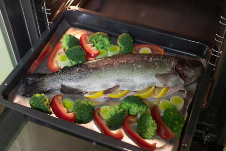 whole uncooked rainbow trout with vegetables in ovenの写真素材