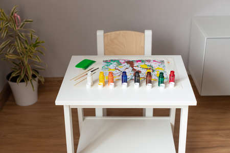 table with tools and accessories for drawing in Ebru techniqueの写真素材