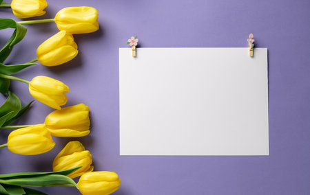 empty white paper with clothespins and tulips on a purple background. holiday mock up with yellow flowers. place for text. flat lay, top viewの写真素材