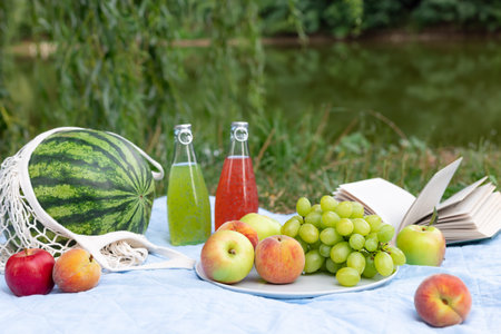 healthy summer vacation picnic with watermelon, delicious fruitsの写真素材