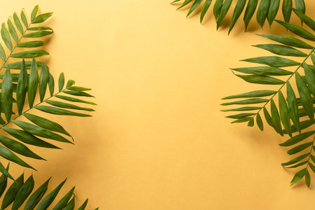 Tropical green leaf frame on yellow background with empty place for text. top view.