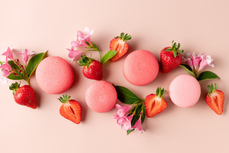 flat lay composition with french macaroons, strawberries