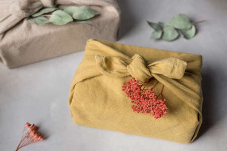 furoshiki packaging gift box with dried flowersの写真素材