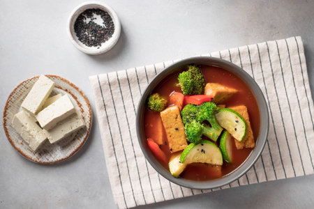Tomato soup with tofu cheese, broccoli and zucchini