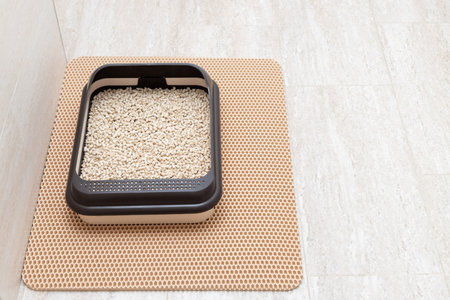 Cat litter box with wooden pellets in bathroom
