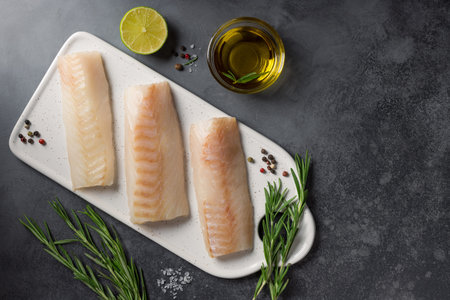 Raw cod loin fillet steak with ingredients for cooking