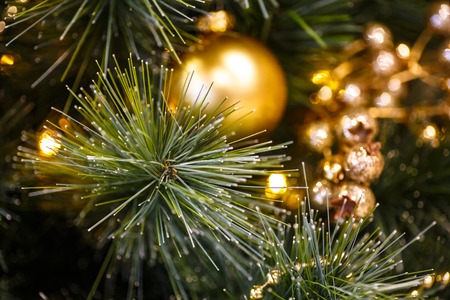 Golden balls and toy hanging on a branch of a Christmas tree. Close-up.の写真素材