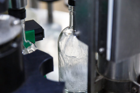 Russian vodka is poured on the conveyor belt at the plant.