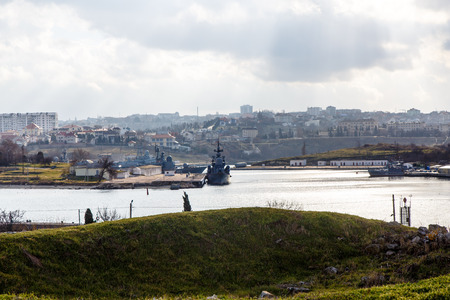 Crimea, Sevastopol. January 2017. Bay with a war ship.のeditorial素材
