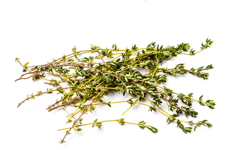 Fresh thyme sprigs lie on a white background, not isolated.の写真素材