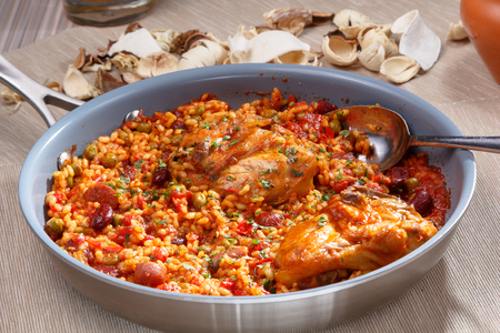 Chile con carne with chicken is on the pan.の写真素材