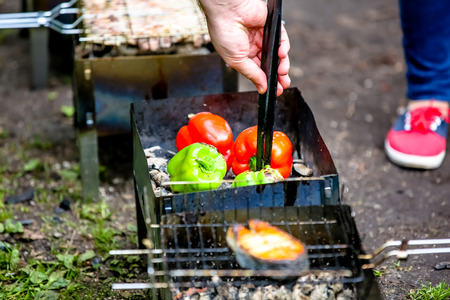 Red sweet peppers roasted on the grill, BBQ, picnicの写真素材