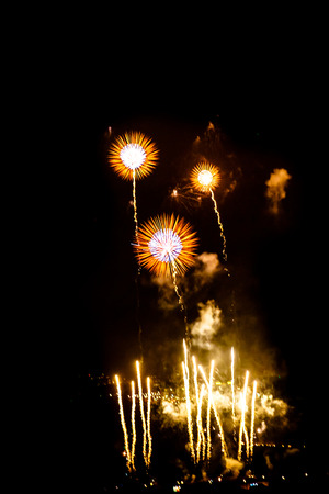 Celebratory fireworks on the background of night city and the black sky.の写真素材