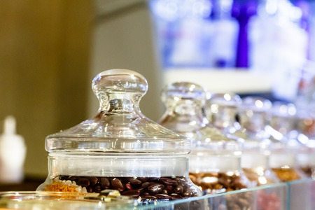 Lids glass jars for candy and spices.の写真素材