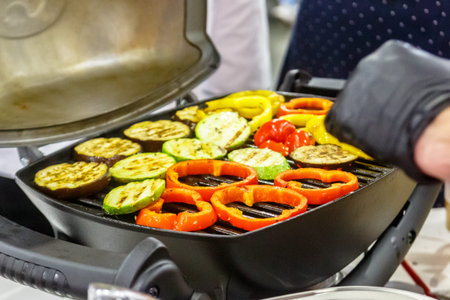 Vegetables cut into rings fried on the grill.