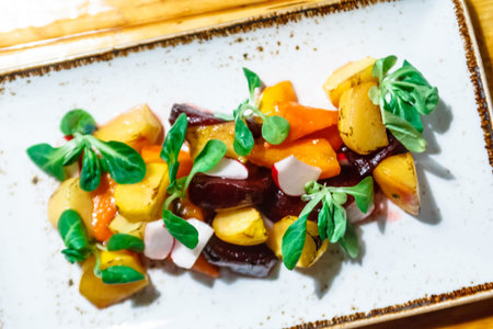 Salad of pumpkin, beetroot, radish and corn.