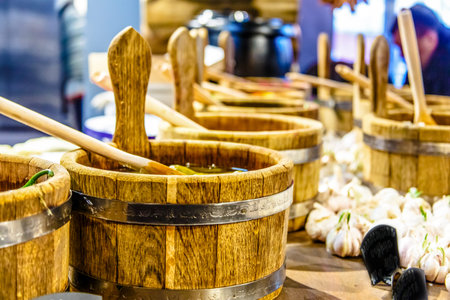 Traditional Russian snacks pickles in barrelsの写真素材