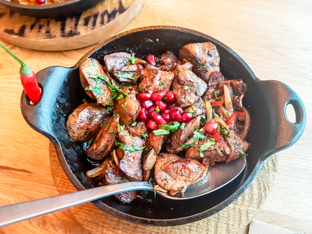 A traditional dish of Georgian cuisine kuchmachi from the liver to the pan.の写真素材