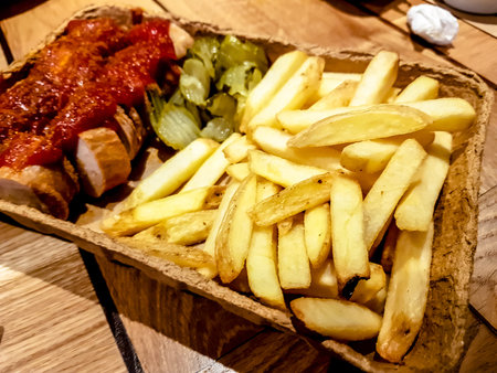 Fried French fries and sausage with ketchup lie to the box.の写真素材