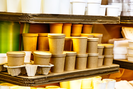 Empty paper cups for coffee are in the cafeの写真素材