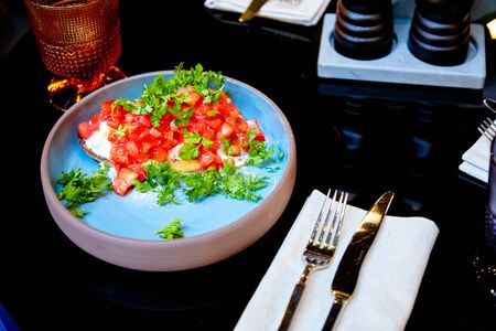 Bruschetta with strawberries and cream cheeseの写真素材