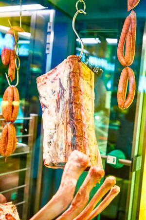 Aging beef in the chamber, a rib eye and a Tomahawkの写真素材