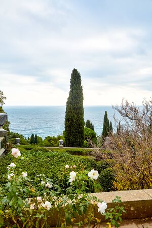 Livadia, Crimea, Russia, December 30, 2019. View of the Park and the sea from the Windows of the Palace, where the Yalta conference of 1945 was held.のeditorial素材