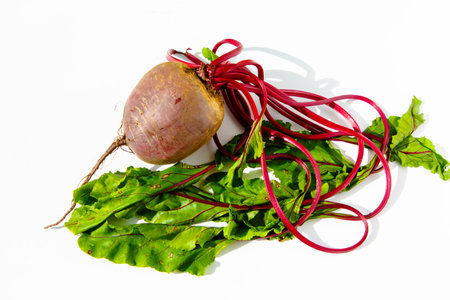 Raw beets with leaves are on a white background. Isolated