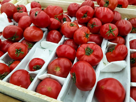 Fresh tomatoes are in a box in the supermarketの写真素材