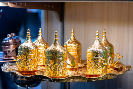 Arabian souvenir shop for copper utensils. Copper spice mill.の写真素材