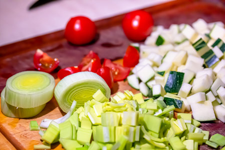 The cook cuts the zucchini, leeks and tomatoes into small cubes for frying