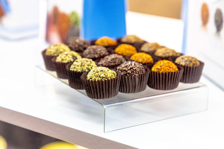 Assorted homemade sweets with pistachios and chocolate are on display