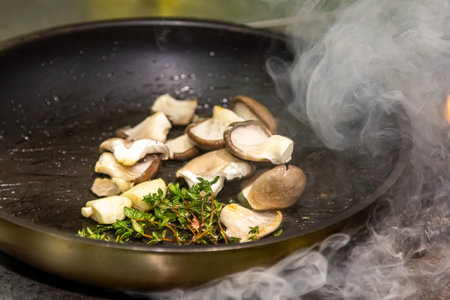 Oyster Mushroom Pleurotus ostreatus close up cooking in the fry pan