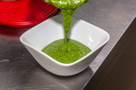 Pouring basil pesto sauce.